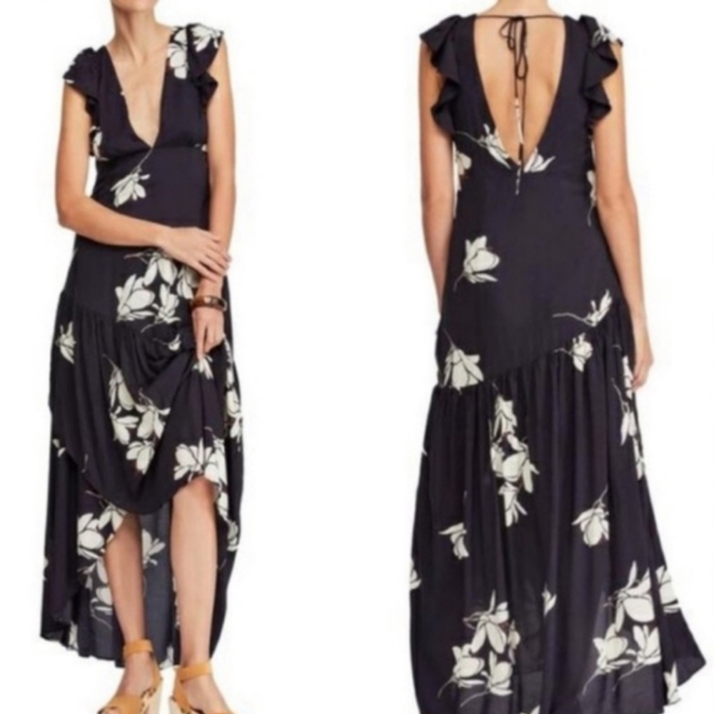 FREE PEOPLE She's a Waterfall Asymmetrical Maxi Dress Black Floral Size 2